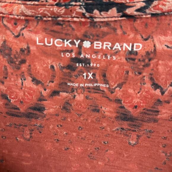 Lucky Brand Floral Tee Womens Size 1X Salmon V-Neck Modal Cotton Boho Knit Top - Picture 4 of 7